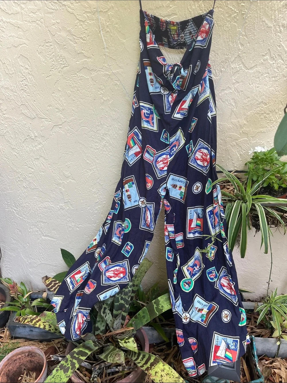 Anthropologie Navy Multicolor Travel-Stamp Wide-Leg Jumpsuit